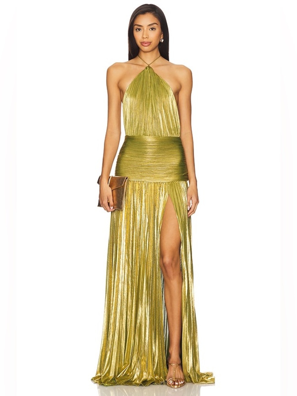 Retrofête Thalia Metallic Peridot Pleated Halter Gown Revolve FWRD